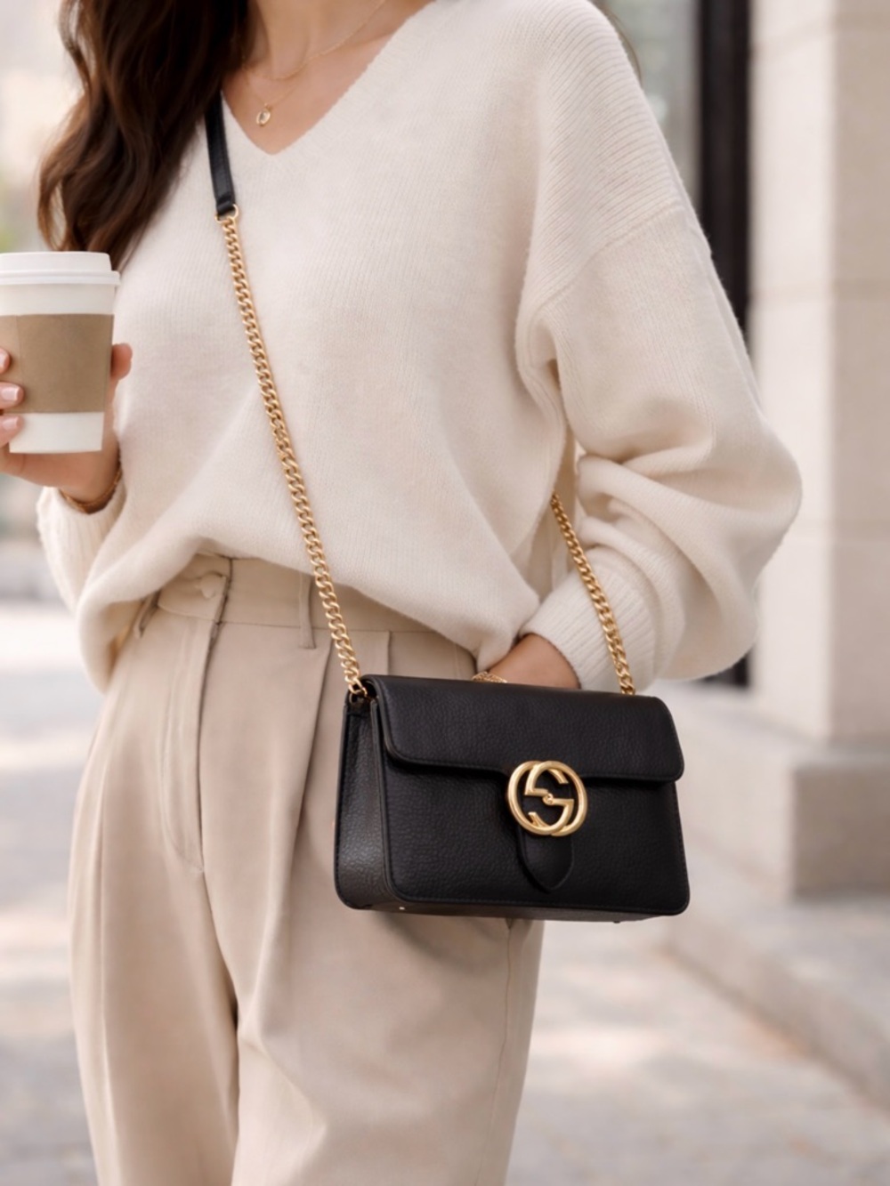 Gucci Black Dollar Calfskin Interlocking GG Small Shoulder Crossbody Bag